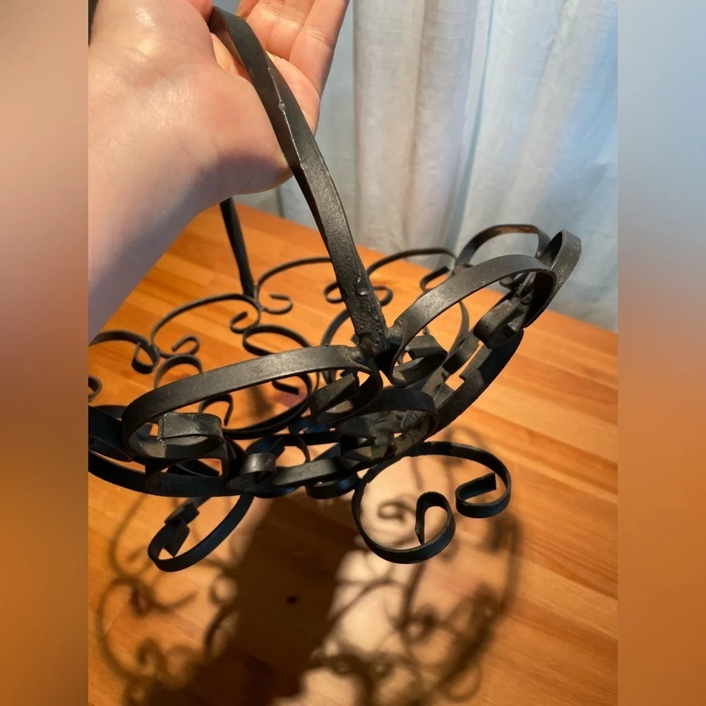 Vtg Black Wrought Iron Metal Scroll Fruit Bowl Magazine Rack Handled Black
